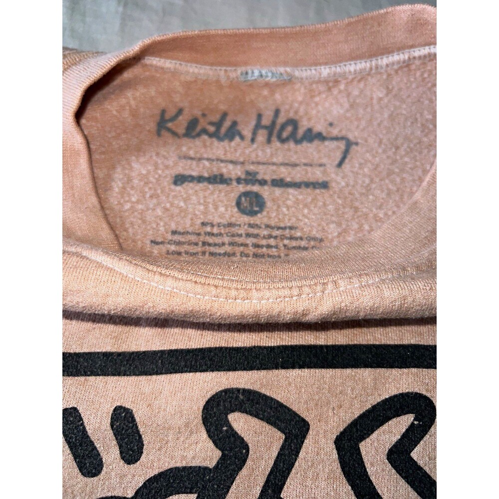 Keith Haring Womens Pink Fleece Crewneck Graphic Print Sweatshirt Size L